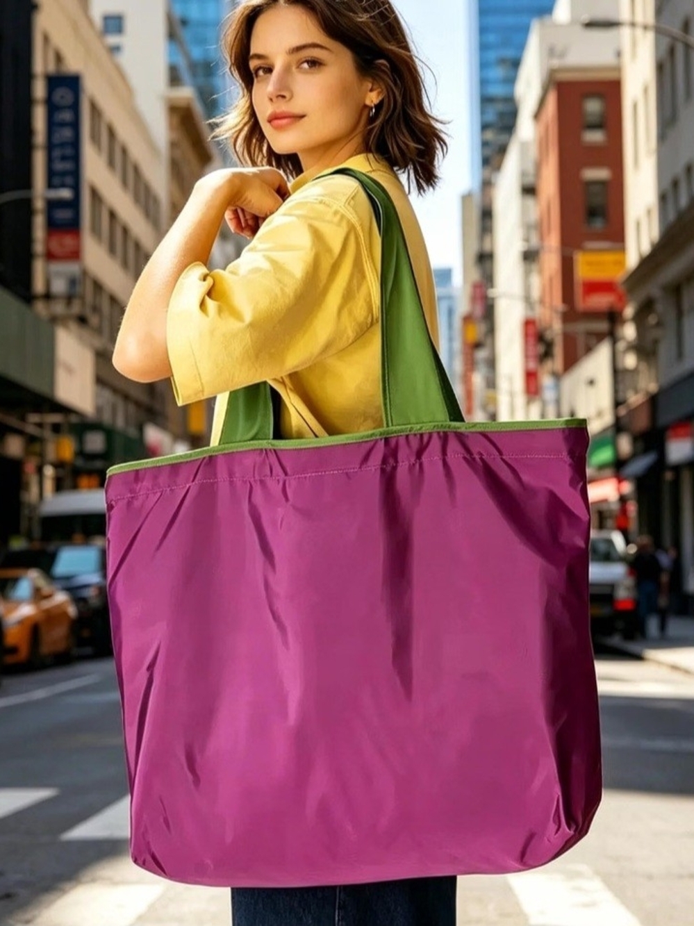 Oversized Reversible Tote Bag in Purple and Green
